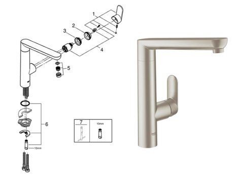 Grohe K7 Single Lever Sink Mixer - 1/2″ - Supersteel (32175DC0) spares breakdown diagram