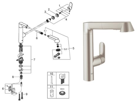 Grohe K7 Single Lever Sink Mixer - 1/2″ Supersteel (32176DC0) spares breakdown diagram