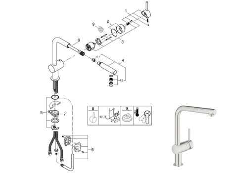 Grohe Minta Single Lever Sink Mixer - Supersteel (32168DC0) spares breakdown diagram