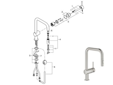 Grohe Minta Single Lever Sink Mixer - Supersteel (32322DC2) spares breakdown diagram