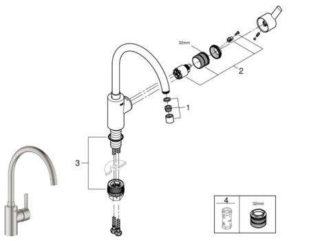 Grohe Quickfix Feel Single Lever Sink Mixer Tap - Supersteel (32670DC2) spares breakdown diagram