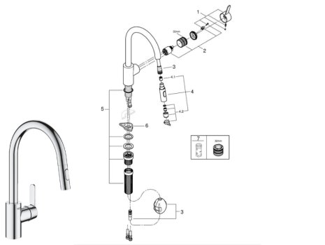 Grohe Quickfix Get Kitchen Tap With Pull Out Mousseur - Chrome (31484001) spares breakdown diagram