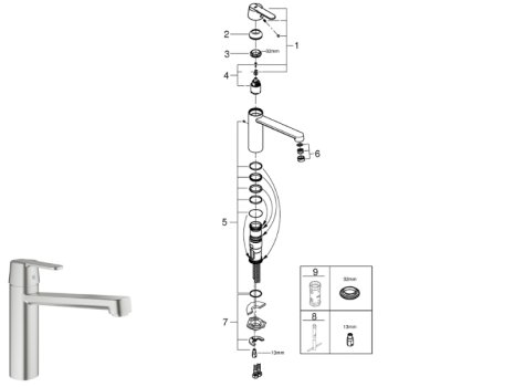 Grohe Quickfix Get Single Lever Sink Mixer Tap - Supersteel (30196DC0) spares breakdown diagram