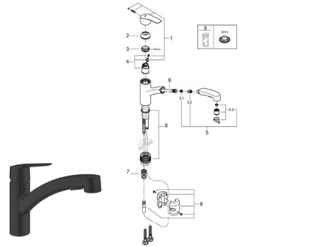 Grohe Quickfix Start Low Spout Kitchen Tap - Matt Black (303072431) spares breakdown diagram