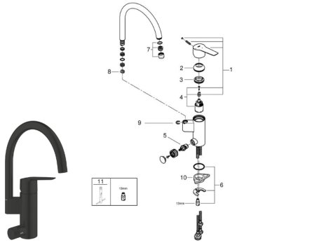 Grohe Quickfix Start Single Lever Sink Mixer Tap - Matt Black (304952431) spares breakdown diagram