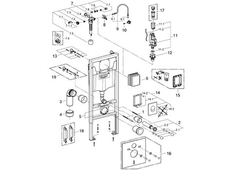 Grohe Rapid SL 3 in 1 wc frame set (38721001) spares breakdown diagram