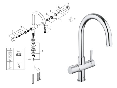 Grohe Red Duo Single Lever 1/2" Sink Mixer - Chrome (30033000) spares breakdown diagram