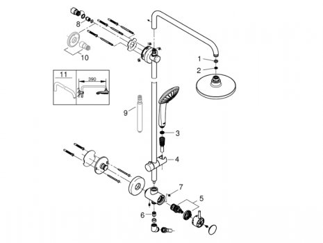 Grohe Retro-fit 180 shower system with diverter for wall mounting (26190000) spares breakdown diagram