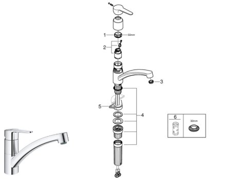 Grohe StartGo Single Lever Sink Mixer Tap - Chrome (31685000) spares breakdown diagram