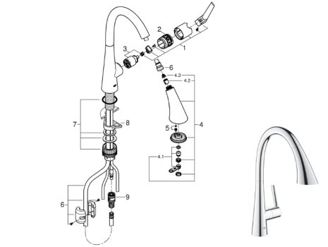 Grohe Zedra Single Lever Kitchen Sink Mixer 1/2″ - Chrome (32294002) spares breakdown diagram