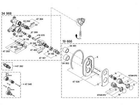 Grohe 19666 Sentosa Bath Shower valve trimset (19666000) spares breakdown diagram