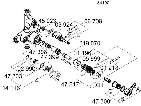 Grohe 34100 shower valve (34100000) spares breakdown diagram