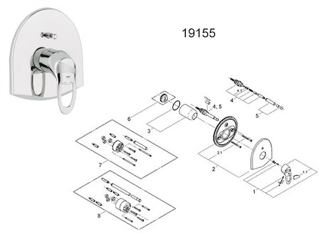 Grohe Chiara manual shower valve trim plate - chrome (19155000) spares breakdown diagram
