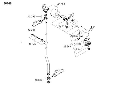 Grohe Commercial rigid riser shower fitting (36248000) spares breakdown diagram