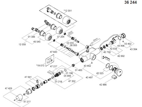 Grohe Eurodisc SE shower valve self closing top outlet bar mixer shower (36244000) spares breakdown diagram