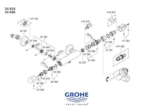 Grohe Grohtherm Auto 1000 bar mixer shower (34624000) spares breakdown diagram