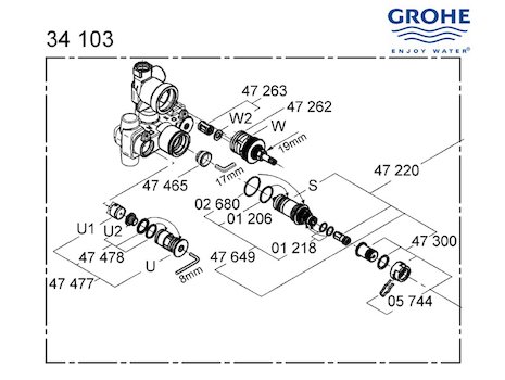 Grohe mixer valve - 34103 000 (34103000) spares breakdown diagram