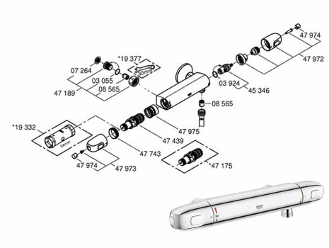 Grohtherm Auto 1000 New bar mixer shower (34146003) spares breakdown diagram