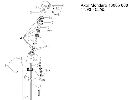 Hansgrohe Axor Mondaro mono basin mixer short spout (1993-1995) (18005) spares breakdown diagram