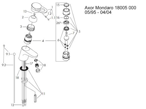 Hansgrohe Axor Mondaro mono basin mixer short spout (1995-2004) (18005) spares breakdown diagram
