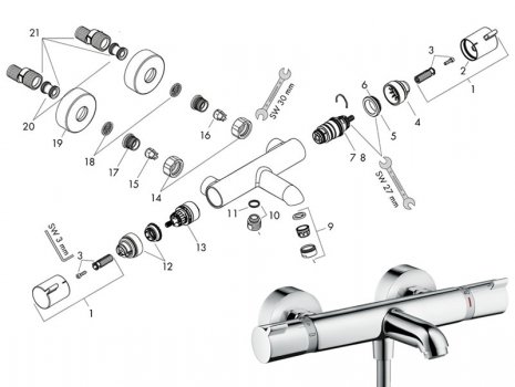 Hansgrohe Comfort thermostatic bath shower mixer - chrome (13114000) spares breakdown diagram