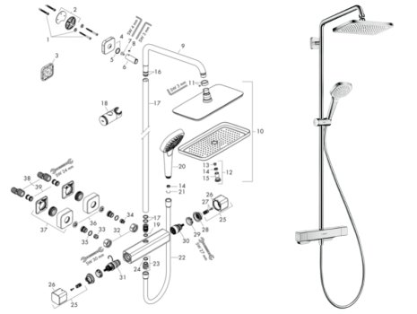 hansgrohe Croma E Showerpipe 280 1jet EcoSmart Thermostatic Bar Mixer Shower (27660000) spares breakdown diagram