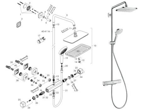 hansgrohe Croma E Showerpipe E 280 1jet Thermostatic Bar Mixer Shower (27630000) spares breakdown diagram