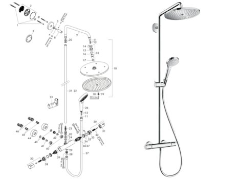 hansgrohe Croma Select S EcoSmart Showerpipe 280 1jet Thermostatic Mixer Shower (26794000) spares breakdown diagram