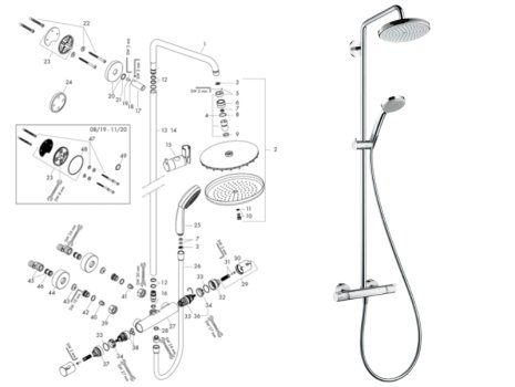 hansgrohe Croma Showerpipe 220 1jet EcoSmart Thermostatic Mixer Shower (27188000) spares breakdown diagram