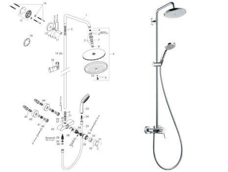 hansgrohe Croma Showerpipe 220 1jet Manual Mixer Shower (27222000) spares breakdown diagram