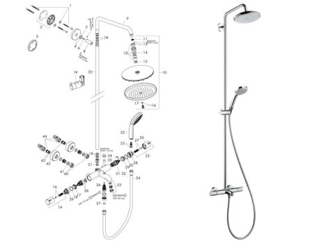 hansgrohe Croma Showerpipe 220 1jet Thermostatic Bath Mixer Shower (27223000) spares breakdown diagram