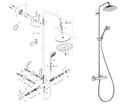 hansgrohe Croma Showerpipe 220 1jet Thermostatic Mixer Shower (27185000) spares breakdown diagram