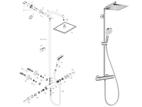 hansgrohe Crometta E 1jet Showerpipe 240 EcoSmart Thermostatic Bar Mixer Shower (27281000) spares breakdown diagram