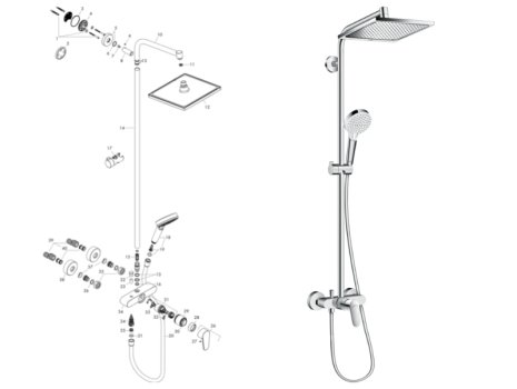 hansgrohe Crometta E Showerpipe 240 1jet Manual Bar Mixer Shower (27284000) spares breakdown diagram