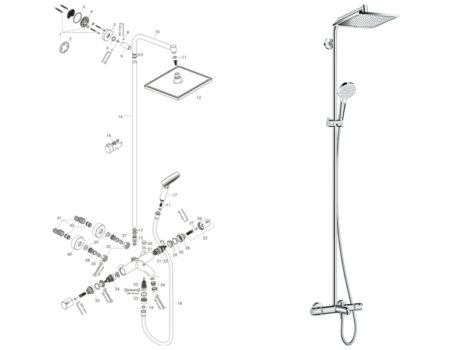 hansgrohe Crometta E Showerpipe 240 1jet Thermostatic Bath Mixer Shower (27298000) spares breakdown diagram