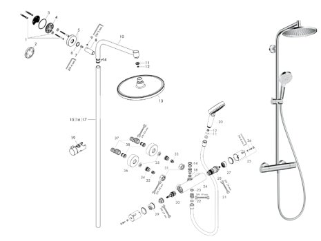 hansgrohe Crometta S EcoSmart 240 Showerpipe Thermostatic Shower Mixer (27268000) spares breakdown diagram