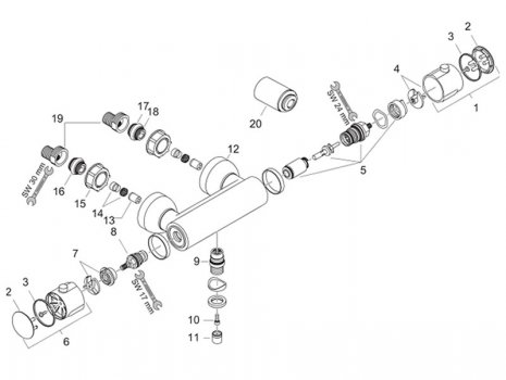 Hansgrohe Ecostat 2001 bar mixer shower (06/92 - 08/99) (13360000 92-99) spares breakdown diagram