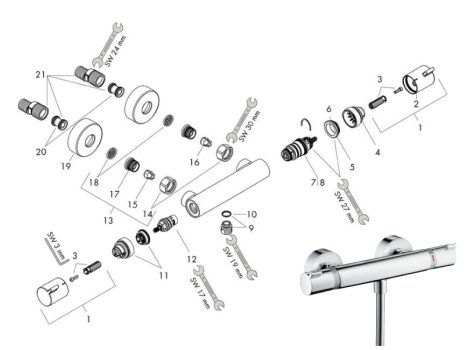Hansgrohe Ecostat Comfort bar mixer shower - chrome (13116000) spares breakdown diagram