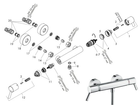 hansgrohe Ecostat Comfort Care Exposed Thermostatic Shower Mixer (13117000) spares breakdown diagram