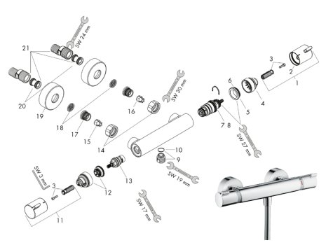 hansgrohe Ecostat Comfort Exposed Thermostat Shower Mixer (13113000) spares breakdown diagram