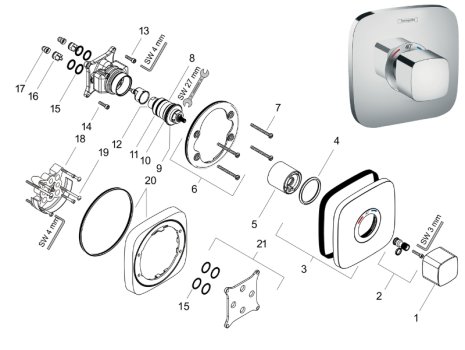 hansgrohe Ecostat E HighFlow Concealed Thermostatic Mixer (15706000) spares breakdown diagram