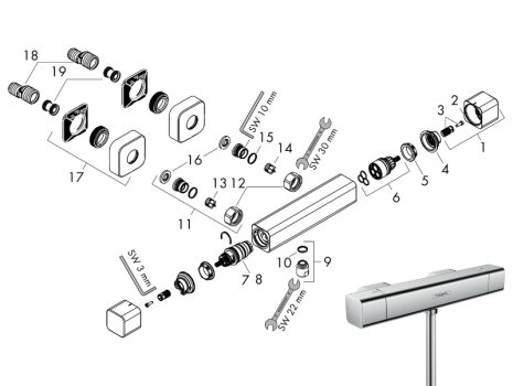 hansgrohe Ecostat E Thermostat Shower Mixer (15773000) spares breakdown diagram