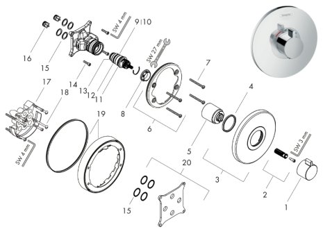 hansgrohe Ecostat S Concealed Thermostatic Mixer (15755000) spares breakdown diagram