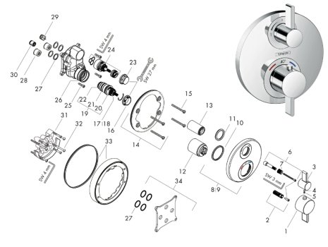 hansgrohe Ecostat S Concealed Thermostatic Mixer - 2 Outlets (15790000) spares breakdown diagram