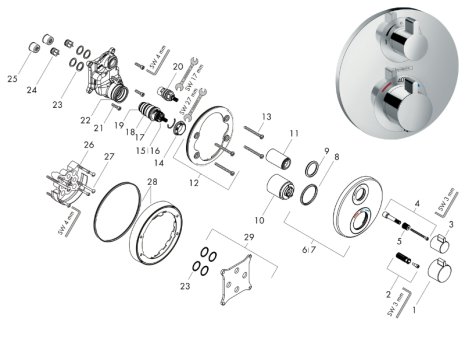 Hansgrohe Ecostat S recessed thermostatic mixer with diverter valve - 1 outlet (15757000) spares breakdown diagram