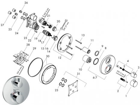 Hansgrohe Ecostat S recessed thermostatic mixer with diverter valve - 2 outlets (15758000) spares breakdown diagram