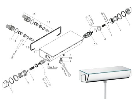 Hansgrohe Ecostat Select bar mixer shower for exposed installation (13161000) spares breakdown diagram