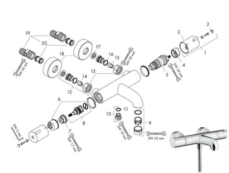 hansgrohe Ecostat Thermostatic Bath Mixer 1001CL For Exposed Installation (13201000) spares breakdown diagram