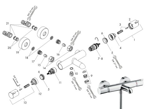 hansgrohe Ecostat Thermostatic Bath Mixer (13112000) spares breakdown diagram