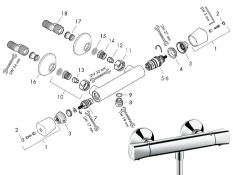 Hansgrohe Ecostat Universal bar shower mixer (13122000) spares breakdown diagram